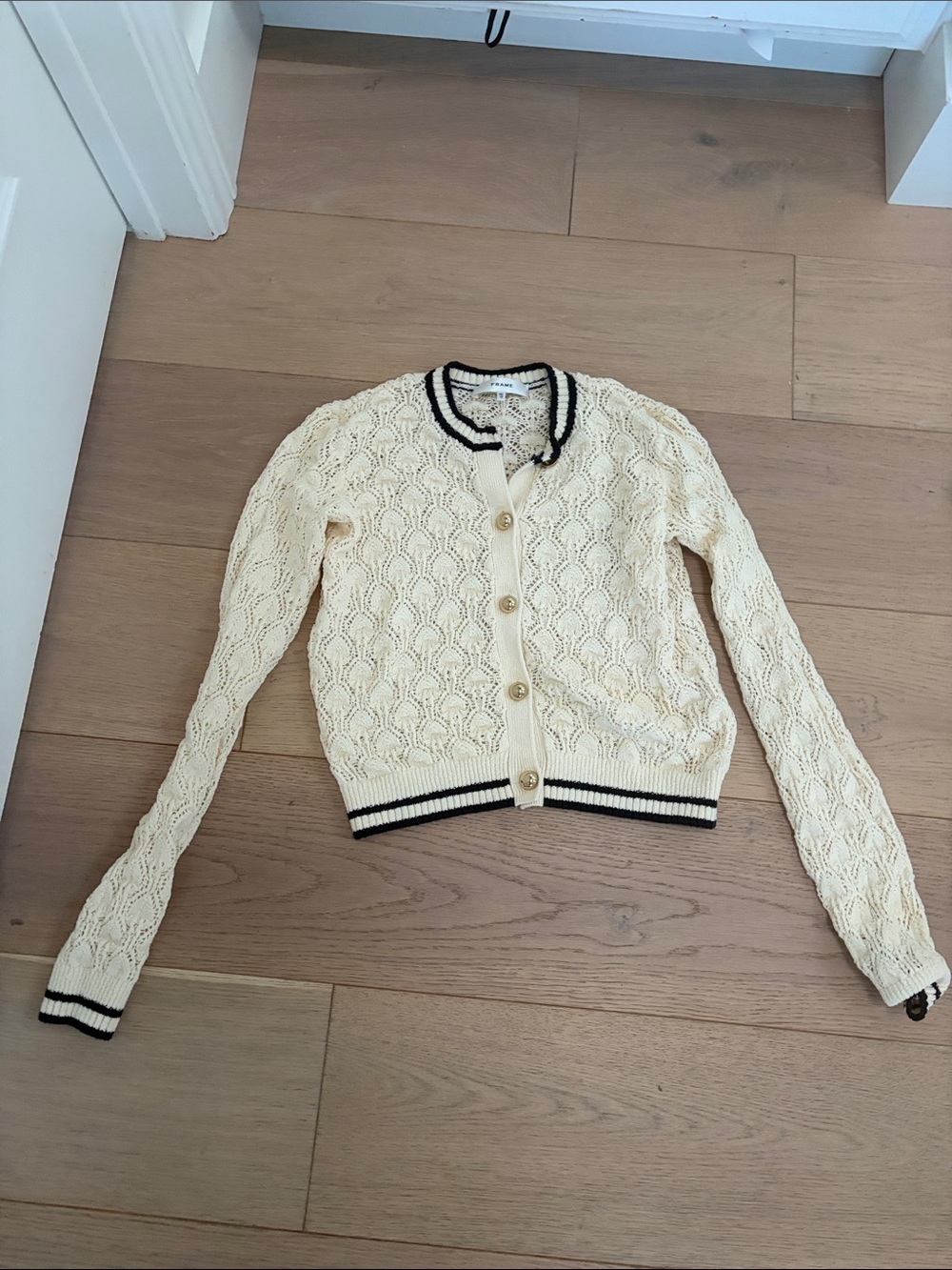 Frame Denim the rookie stitch open cardigan Cream Knit Cardigan with Black Trim
